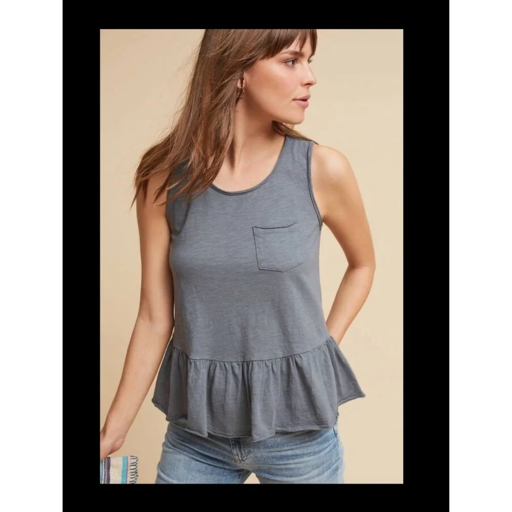 NWT New Eri + Ali Anthropologie Ruffled Pocket Peplum Tank Gray Small S - Picture 2 of 7